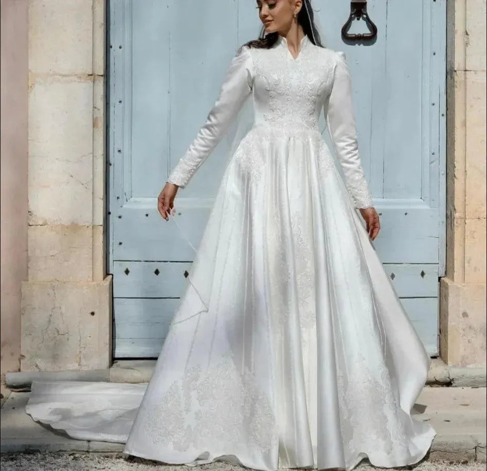 Muslim Long Sleeve Wedding Dresses Bridal Gowns Ivory