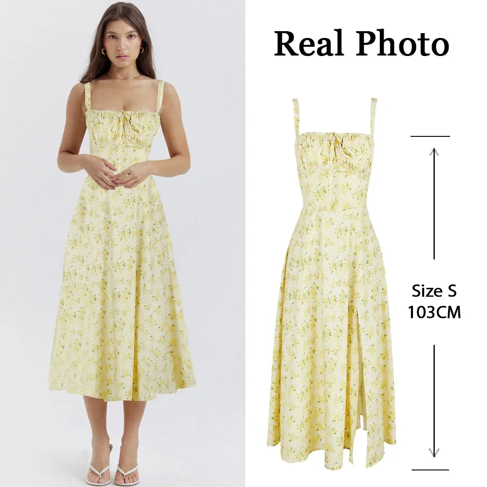 Suninheart Women's Summer Floral Print Dresses Sweet Elegant Midi Holiday Dress Casual Slit Blue Lace Up Dresses 2023 yellow print