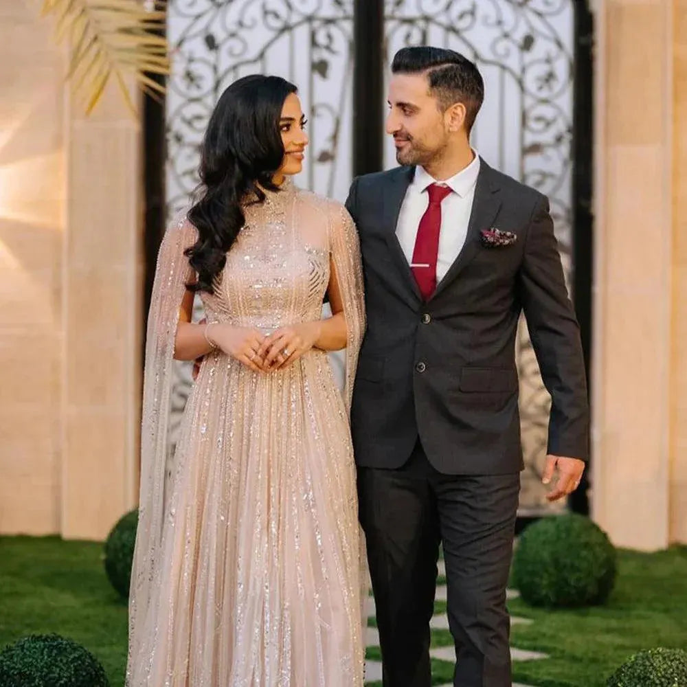 Luxury Dubai Grey Nude Arabic Evening Dresses with Cape Sleeves Elegant Women Formal Gowns for Wodding Party wedding dress Evening Dress