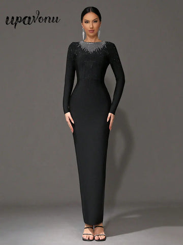2025 Elegant Women's Light Luxury Hot Diamond Bandage Dress O-neck Long Sleeve Bodycon Black Long Dress Evening Party Vestidos