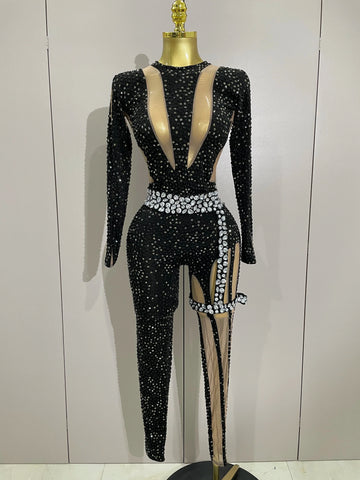 Sexy Sparkly Full Diamond Black Perspective Waist Cinching Asymmetrical Mesh Jumpsuit Birthday Party Nightclub Stage Costume