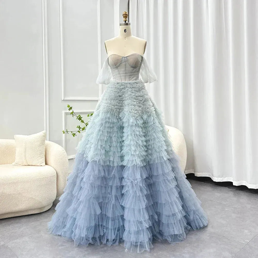 Chic Blue Ombre Tiered Ruffles Evening Dresses Luxury Dubai Ball Gown Prom Dress for Women Wedding Party Evening Dress