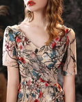 Customized Floral Fancy Tea Length Evening Dresses with Short Sleeves Sexy V Neck Embroidery Flower Prom Gown