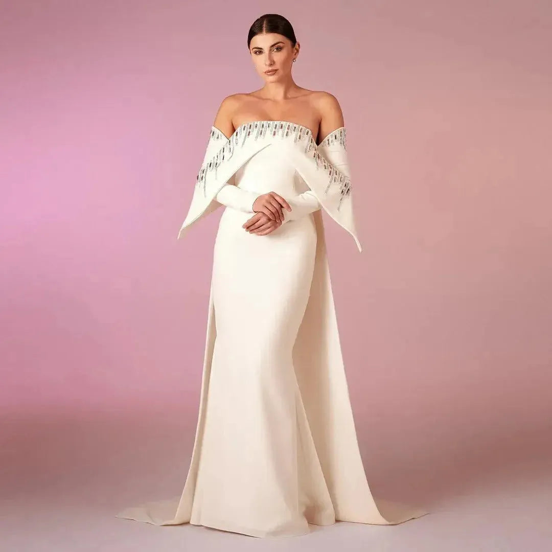 Elegant Off White Mermaid Dubai Evening Dress with Cape Long Sleeves Off Shoulder Arabic Wedding Party Gowns wedding dress Satin