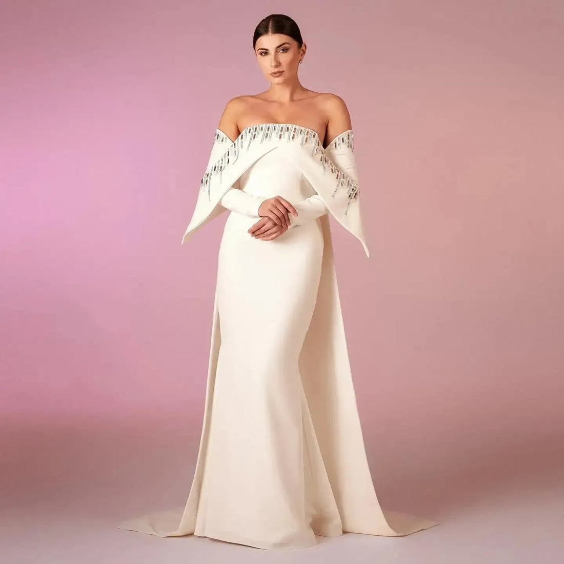 Elegant Off White Mermaid Dubai Evening Dress with Cape Long Sleeves Off Shoulder Arabic Wedding Party Gowns wedding dress Satin