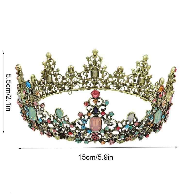 1pc new retro round large crown baroque alloy mixed color diamonds birthday crown bride wedding tiara