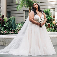 Plus Size Hochzeitskleid Frau Brautkleider V-Ausschnitt Ärmellos Paillettenapplikation A-Linie Große Frauen Brautkleid Vestido Noiva 