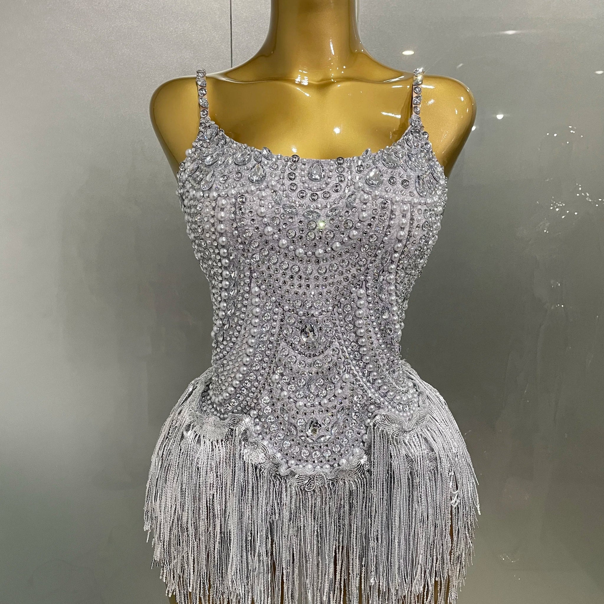 Sparkly Silver Rhinestones Pearl Tassels Bodysuit  New Women Sexy Eveing Birthday Party Nightclub Stage Performance Costume