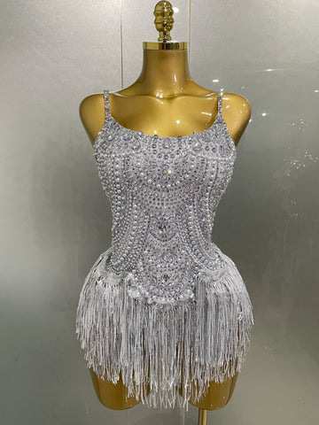 Sparkly Silver Rhinestones Pearl Tassels Bodysuit  New Women Sexy Eveing Birthday Party Nightclub Stage Performance Costume