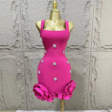 Women Sleeveless Sexy Square Collar Shinning Crystal Ruffles Bodycon Mini Bandage Dress Nightclub Party Birthday Wear