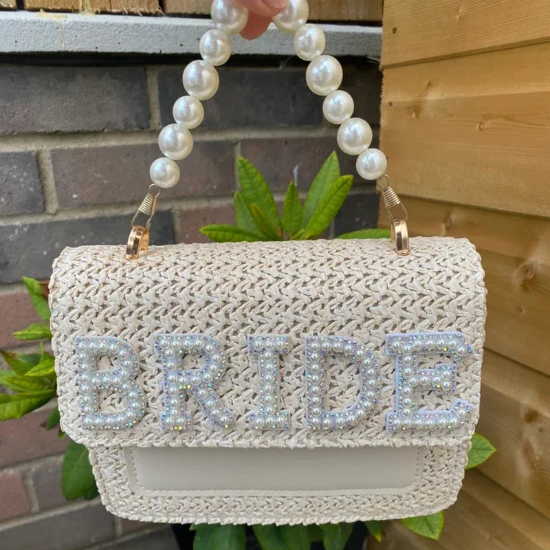 Bride Pearl woven bag Bridal Shower country rustic boho beach pool Wedding Engagement Honeymoon trip Bachelorette hen Party Gift