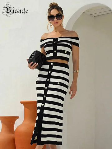 VC Stylish Black & White Color Block Off-Shoulder Striped Ensemble with Button Midi Dress Suit for Date Night Glam Gown
