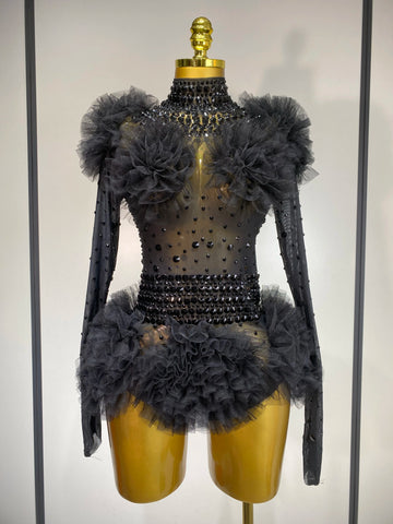 Sexy See Through Luxury Rhinestone Bodysuit Women Sexy Bodycon Mesh Ruffles Performance Dance Singer Nightclub Stage Outfit