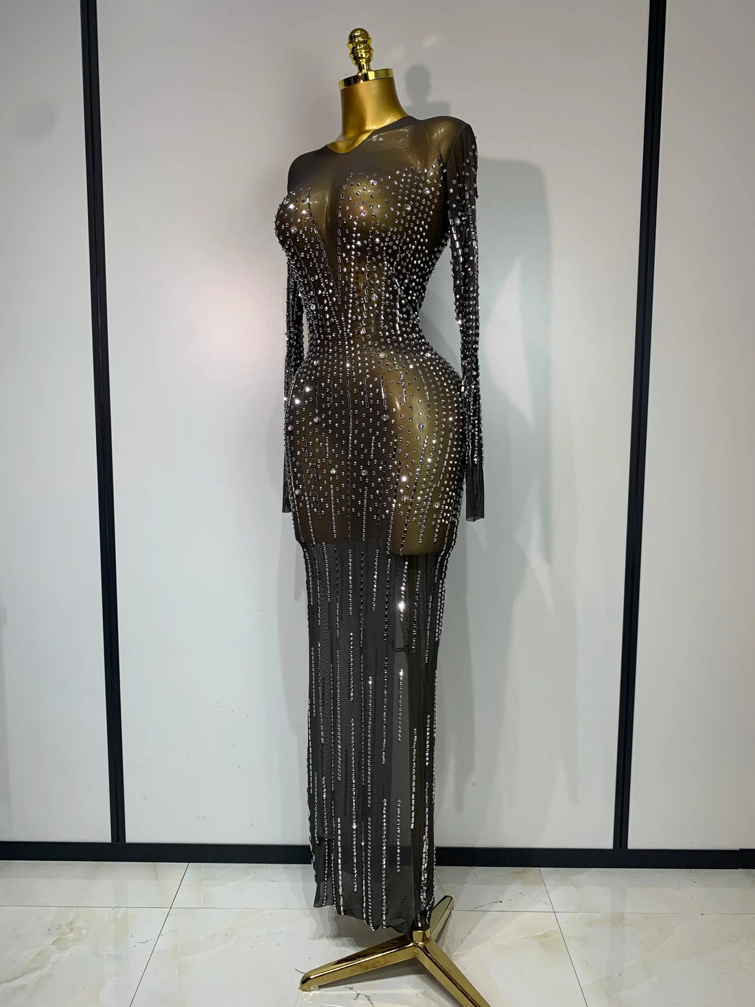 Women Sexy Long Sleeve Mesh See Through Dress  Elegant Evening Party Luxury Birthday Club Rhinestone Performance Costume