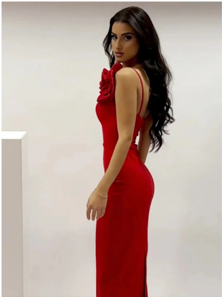 Red Color Women Sexy One Shoulder Shinning Sequins Florals Bodycon Long Dress Fashion Celebrate Wedding Party Dress Vestido