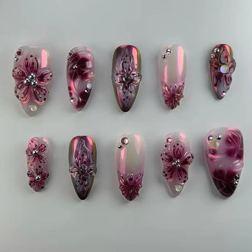 24pcs Wearable False Nails Red Purple Flower Pearl Fake Nail French Short Almond Press on Nails with Rhinestone Design Manicure