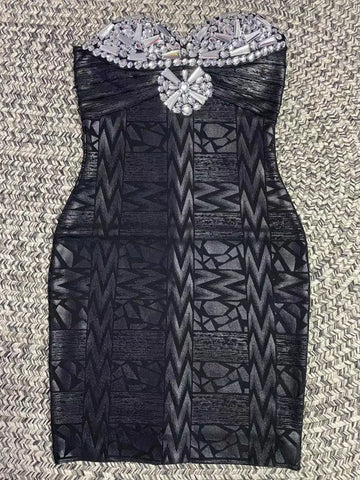 Black Silver Gold Foil Women Sexy Strapless Crystal Bodycon Mini Dress Rayon Bandage Fashion Nightclub Party Celebrate Dress