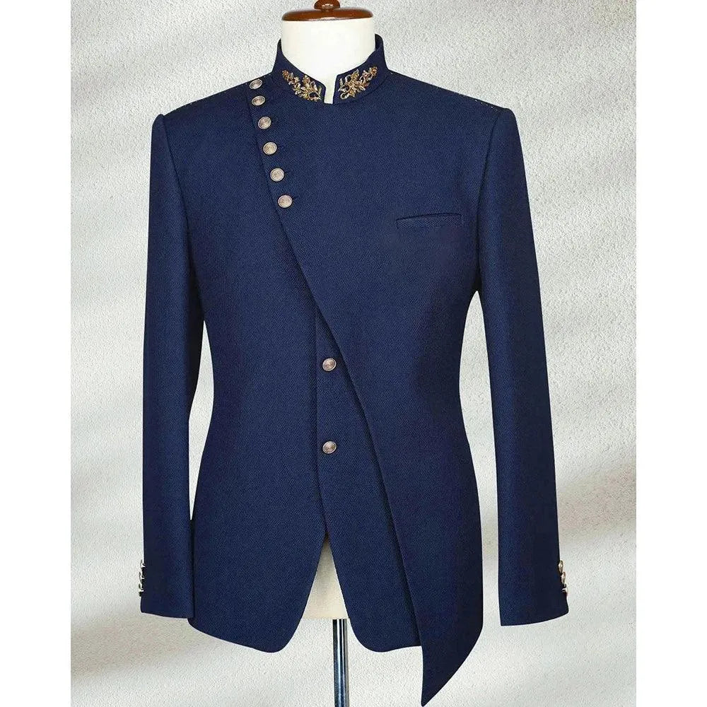 Blazer Men's Suits Navy Blue Costume Hombre Jacket One Piece Stand Collar Elegant Formal Occasion Regular Length Slim Fit same as image