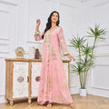 Long Dress For Prom V-neck Beaded Spring Muslim Gold Stamped Fashion Robe With Belt Pink Dress Dubai Arab Women Clothing