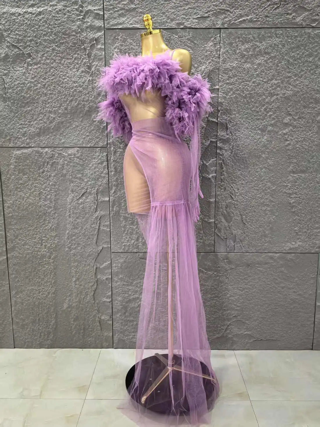 Mesh Ruffles Sexy See Through Bodycon Mini Dress Gloves Celebrate Nightclub Party Birthday Fashion Photo Shoot Wear