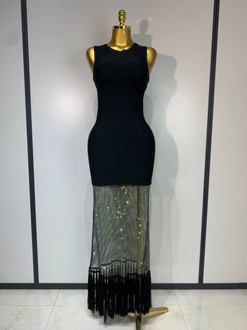 2025 New Fashion Black Sleeveless Sparkly Diamonds Tassel Bandage Dress Celebrity Cocktail Evening Party Luxury Birthday Gown