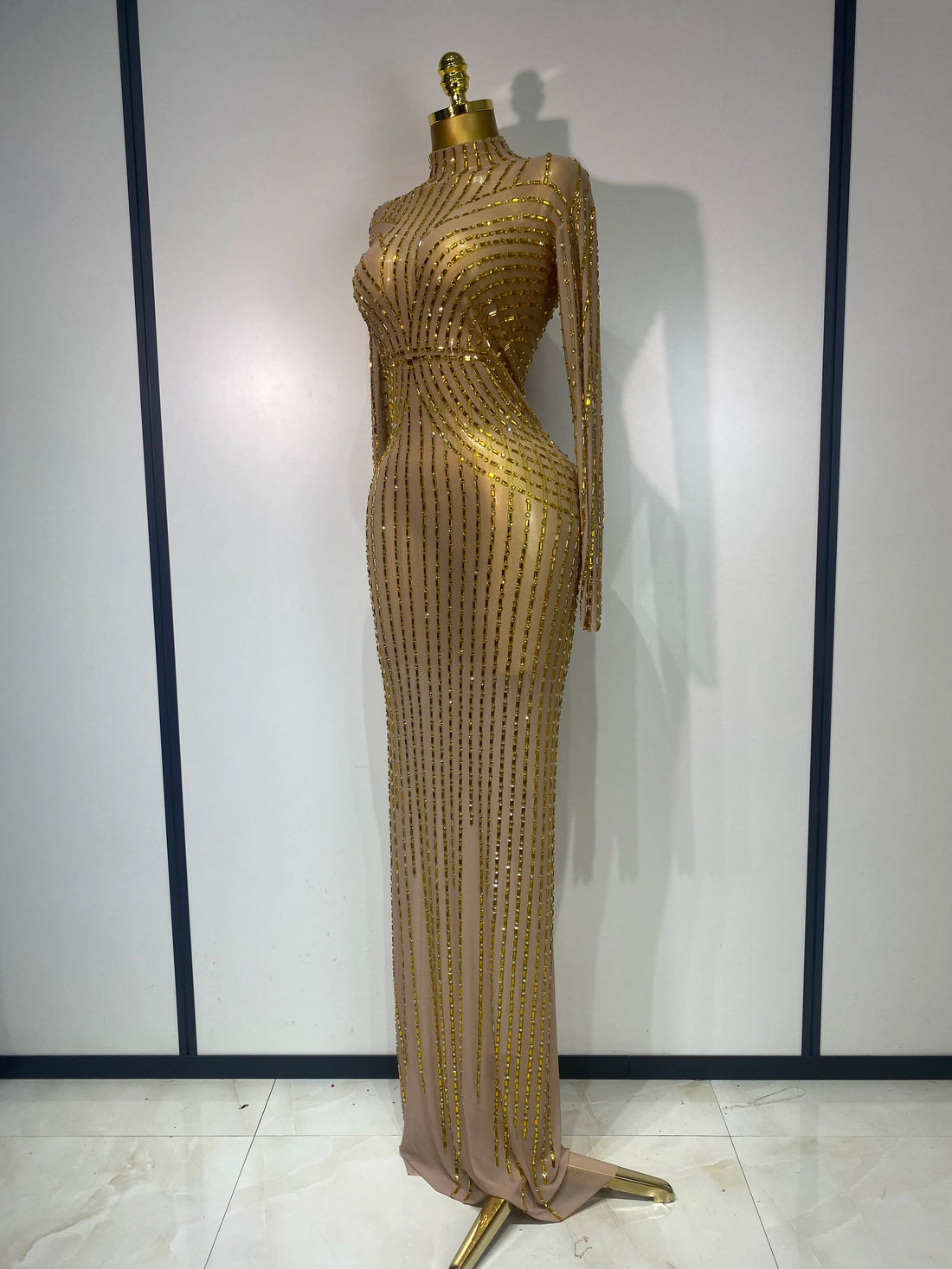 Sexy Long Sleeve Mesh See Through Gold Silver Maxi Dress Evening Party Singer Costume Stage Performance Luxury Birthday Dress