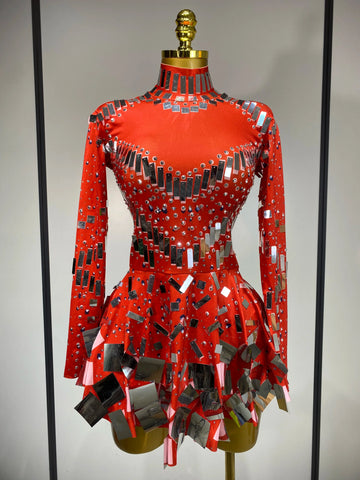 Women Sexy High Elastic A-Line Long Sleeve Dress Performance Costume Sparkly Nightclub Evening Party Hotwife Stage Outfit