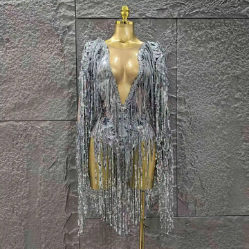 STOCK Women Long Sleeve Sexy V-Neck Bodycon Bodysuit Shinning Sequin Tassel Celebrate Bar Dancer Performance Costume Stage Wear