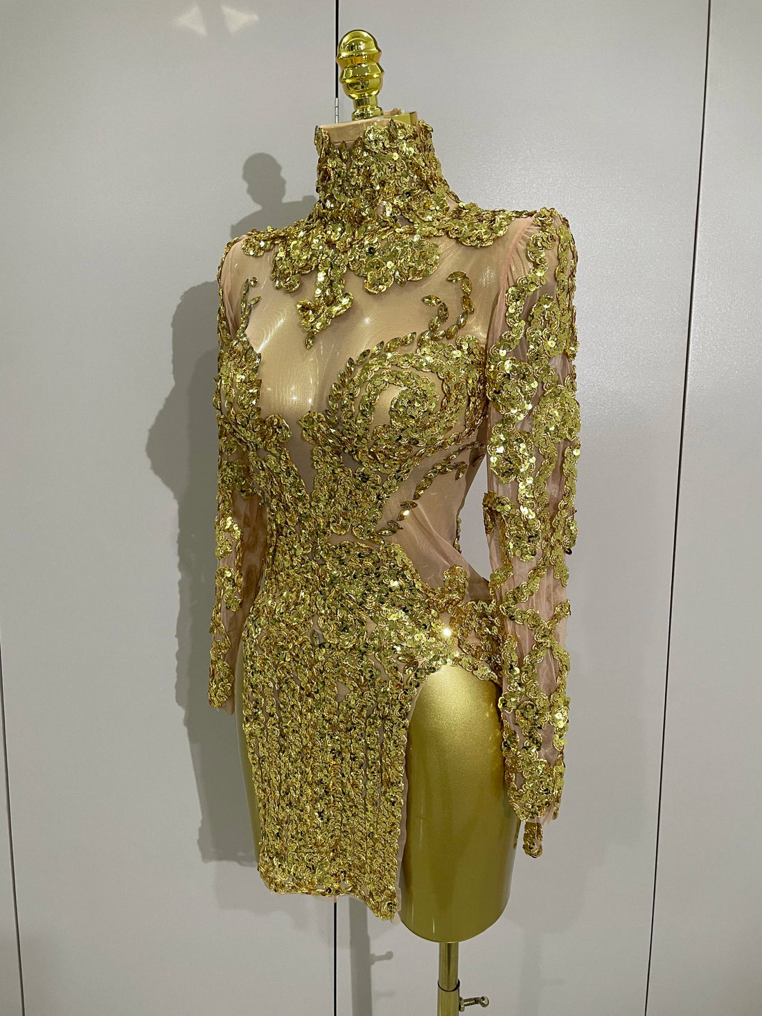 Luxury Sparkly Sequins Stretch Long Sleeve Mesh Mini Dress  Women Birthday Party Nightclub Dancer Stage Performance Costume