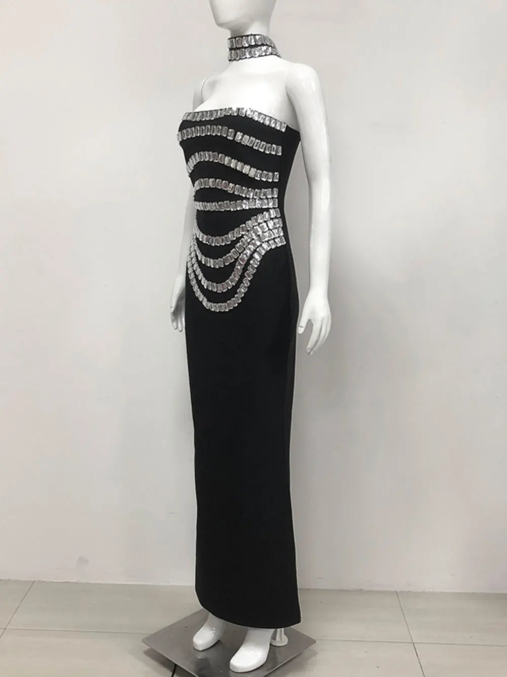 2025 Spring Women Light Luxury Bead Design Bandage Dress+Neck Set Strapless Sleeveless Bodycon Backless Long Dress Party Vestido