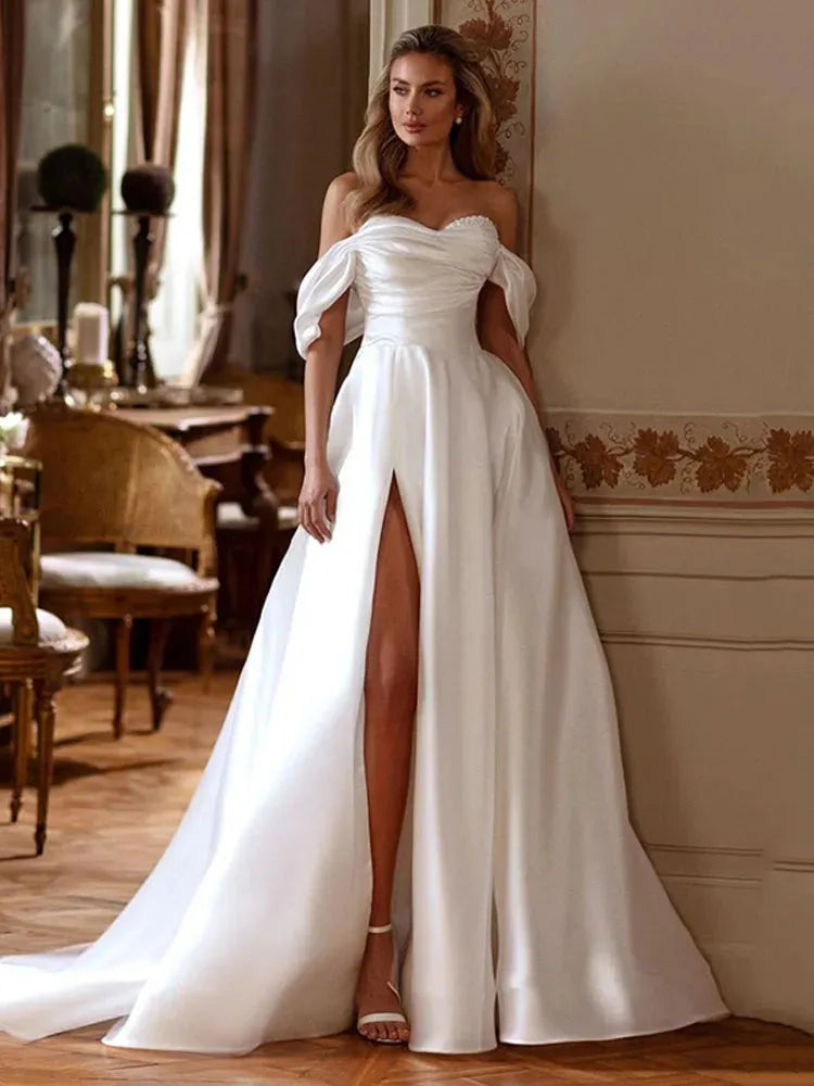 Sweet Wedding Dresses A Line Soft Satin Off The Shoulder Bridal Gowns Side Split Floor Length Wedding Party Gowns Ivory Satin
