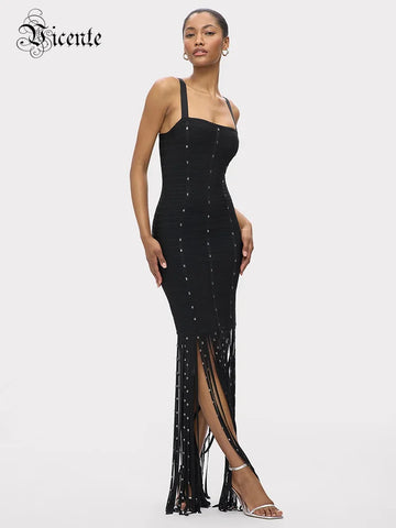 VC Black Diamond Tassel Spaghetti Straps Long Dress Backless Sleeveless Fringed Patchwork Bodycon Evening Party Gowns