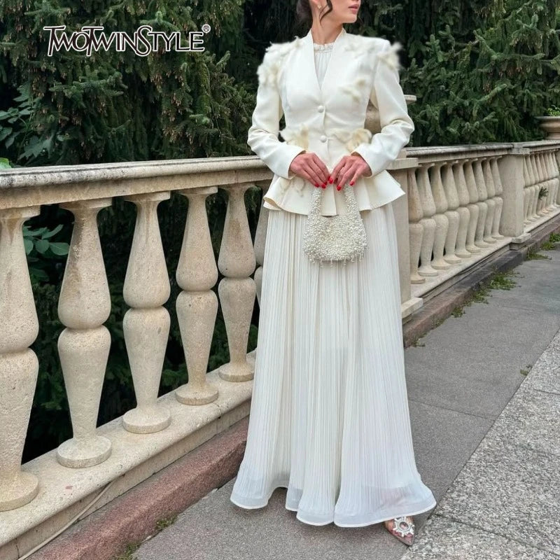 Solid Two Piece Sets for Women V Neck Ling Sleeves Spliced Applique Top High Waist Patchwork Folds Skirt Set Female