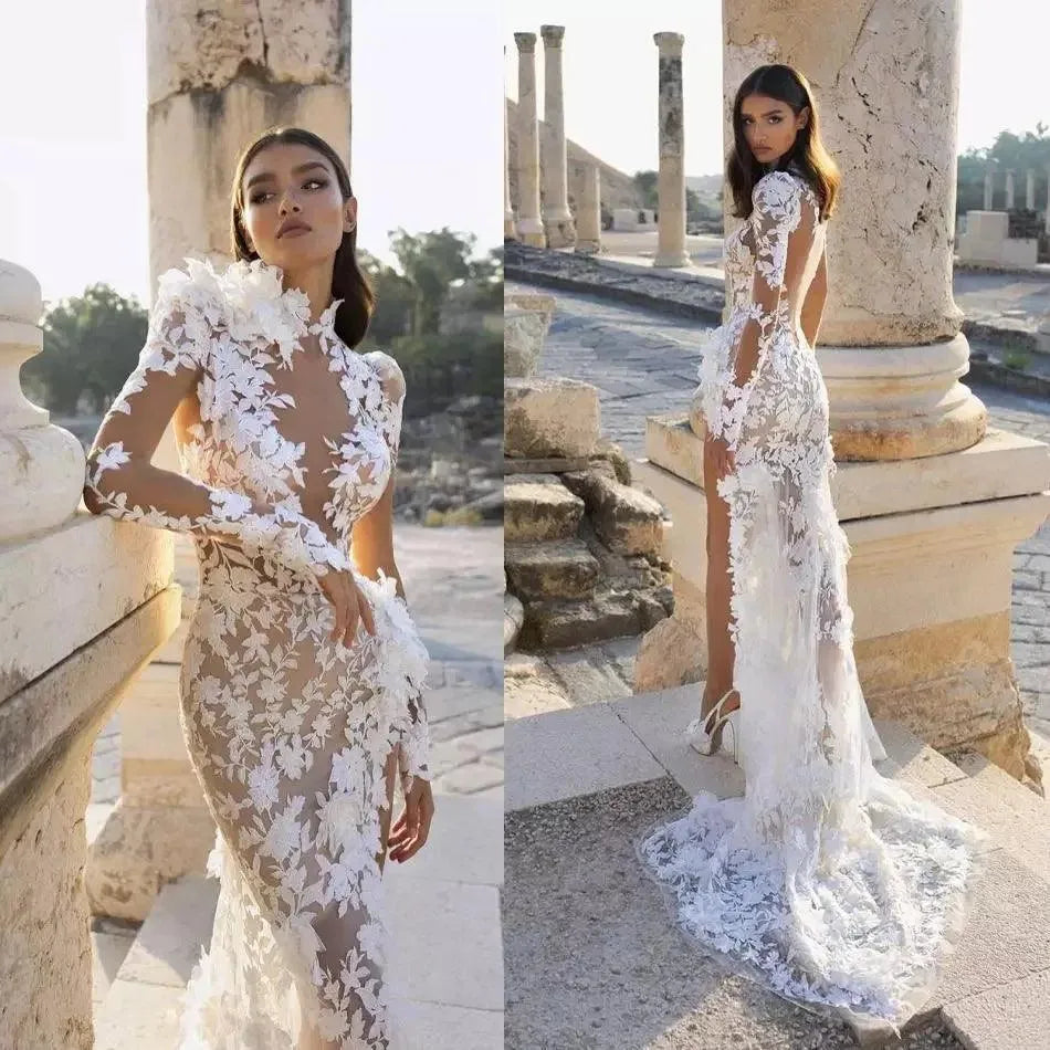 Robe De Mariee Sexy Mermaid Wedding Dress High Collar Side Slit Lace Appliques Long Sleeve Sweep Train Boho Bridal Gown Ivory