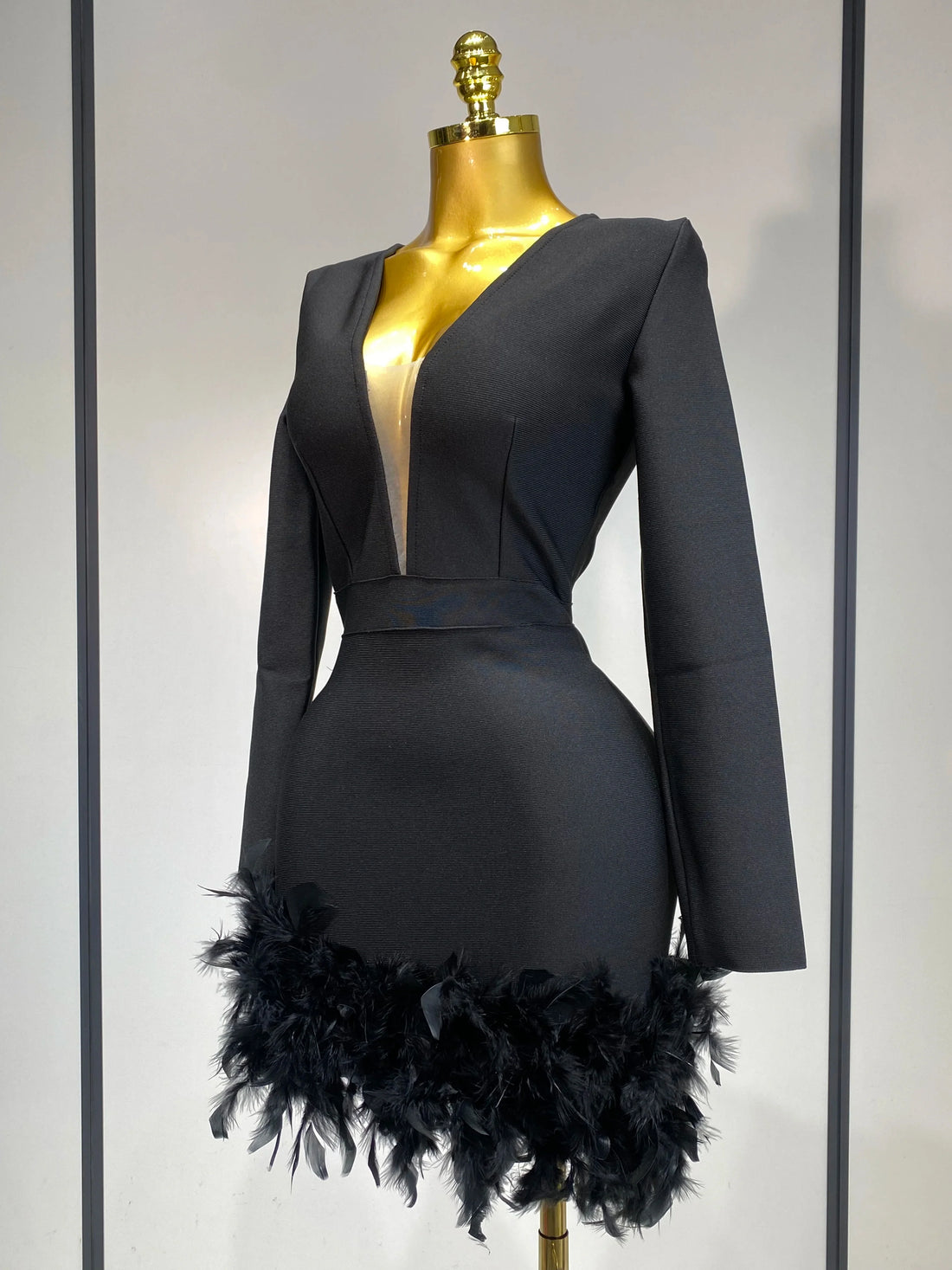 Women Fashion Sexy V Neck Long Sleeve Black Feather Mini Bodycon Bandage Dress Elegant Evening Club Birthday Party Dress