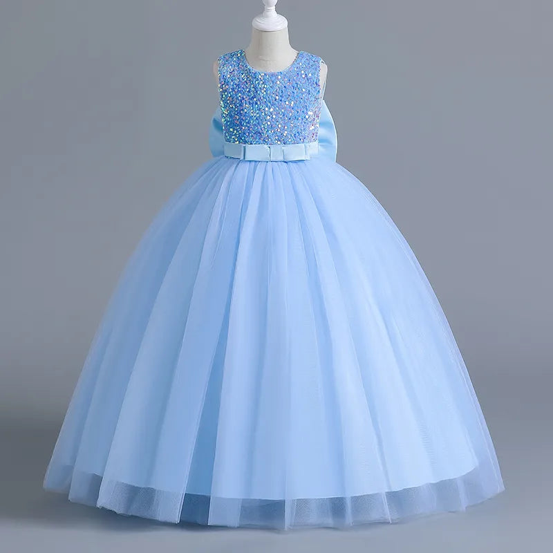 12 14 Yrs Girls Party Dresses Blue Sequined Bow Gala Prom Gown for Children Kids Formal Events Costume Birthday Princess Clothes