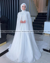 Eleganti abiti da sposa musulmani con maniche lunghe al collo del Capo Spazzare Appliques in chiffon Appliques perle Hijab Bride Abiti da sposa