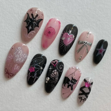 24Pcs Halloween Almond Handmade Press on Nails Full Cover Easter Bat Spider Cool Y2k Fake Nails Wearable Manicure Nail Tips Art