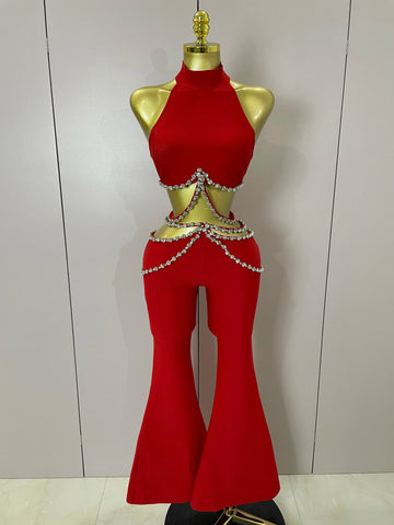 Luxury Rhinestone Red Sexy Cut Out Two Piece Pants Bandage Set  Women Celebrity Designer Fashion Women's Set Stage Outfit