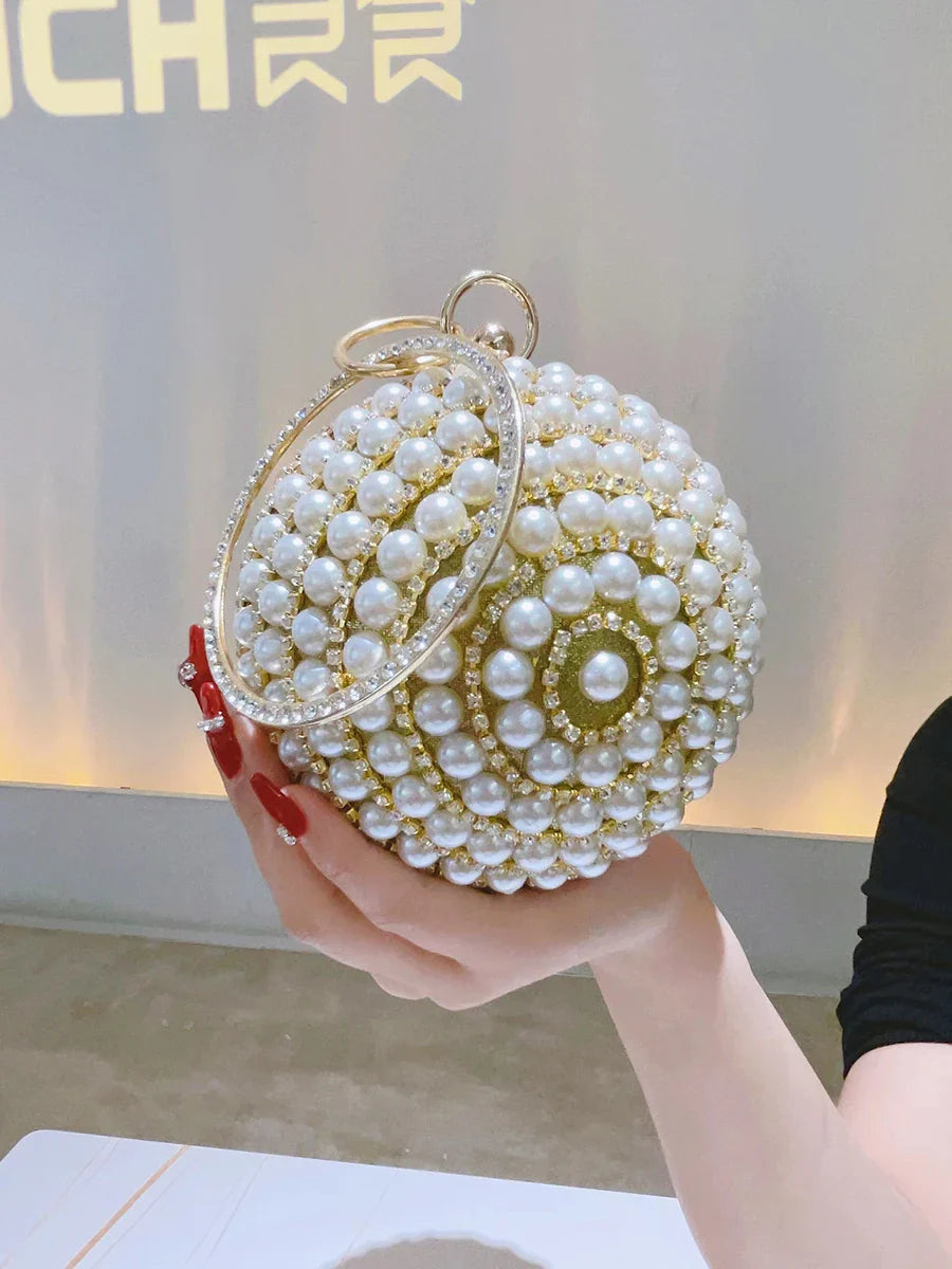 Round Pearl Clutch Purse Mini Handbag Luxury Elegant Evening Bag Ring Handle For Women Bride Bridesmaid Wedding Party Handbag