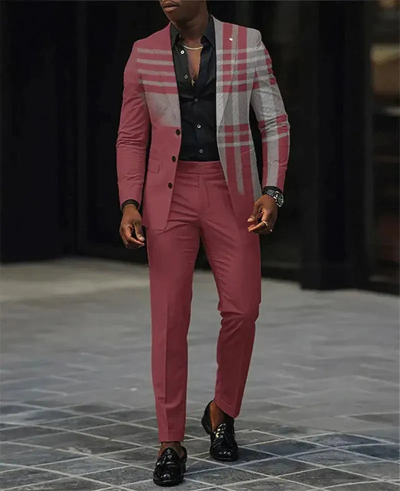 Men's Blazer Set Fashion Colorblock Plaid Lapel Collar Button Blazer & Pants 2Pcs Set Male Business Casual Prom Suit Red