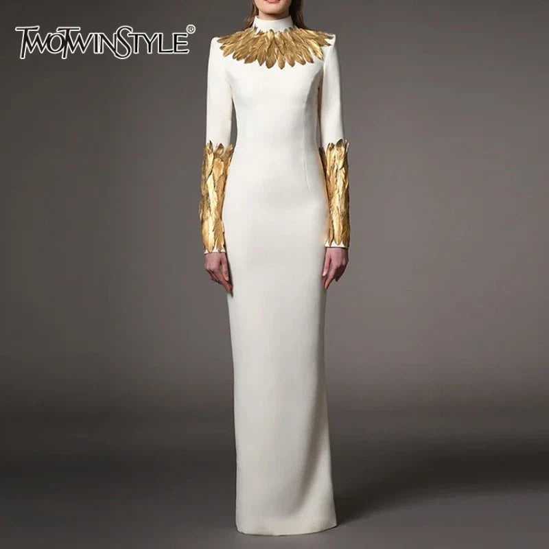 TWOTWINSTYLE Hit Color Slimming Spliced Glod Feathers Dresses for Women High Neck Long Sleeves Temperament Dress Female Fashion