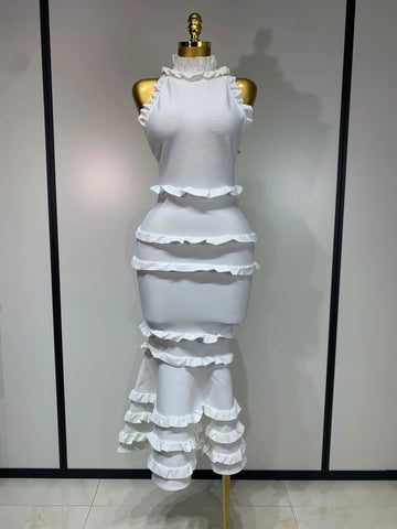 2025 New High quality White Elagant Retro Ruched High Collar Bodycon Bandage Dress Evening Party Fashion Simple Birthday Gown