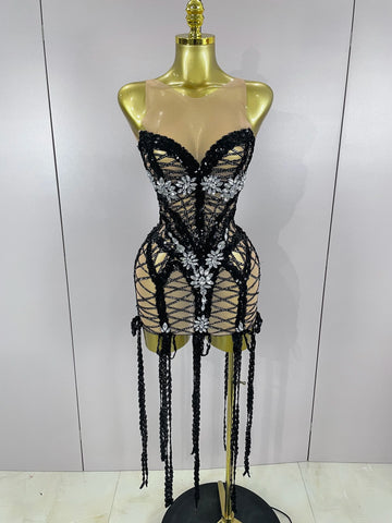 Sparkle Sequins Embroider Sparking Diamonds Long Tassel Sleeveless Mini Dress Women Red Carpet Goddess Stage Performance Costume