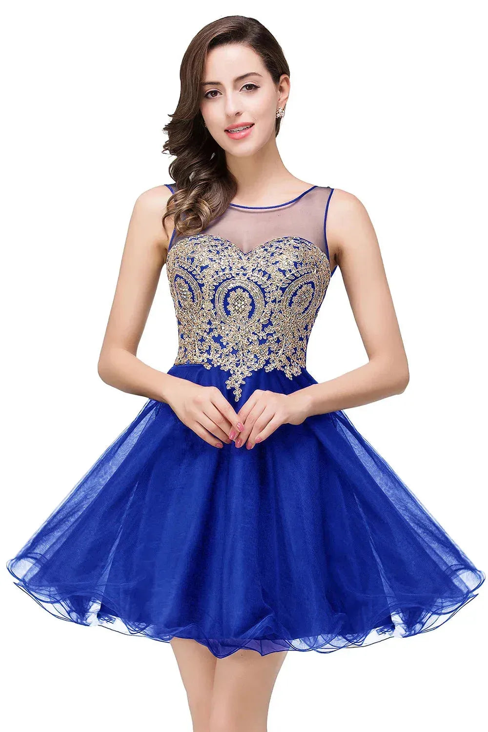 Gold Appqulies Navy Blue Bridesmaid Dresses Women Short Prom Dress Illusion Evening Party Special Occasion Royal Blue