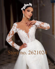 Long Sleeve Buttons Up Back Beading Sequins Appliques Lace 2 Pieces Mermaid Wedding Dresses Vestido De Noiva Sereia