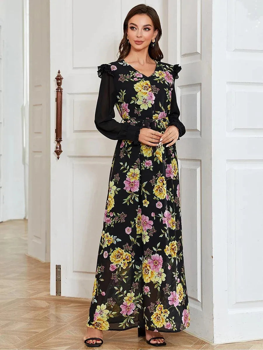 Fashion Black Printing Turkish Abayas For Female Chic Mesh Patchwork Full Sleeve V-Neck Tunic Elegant Muslim Long Dress Black Dress