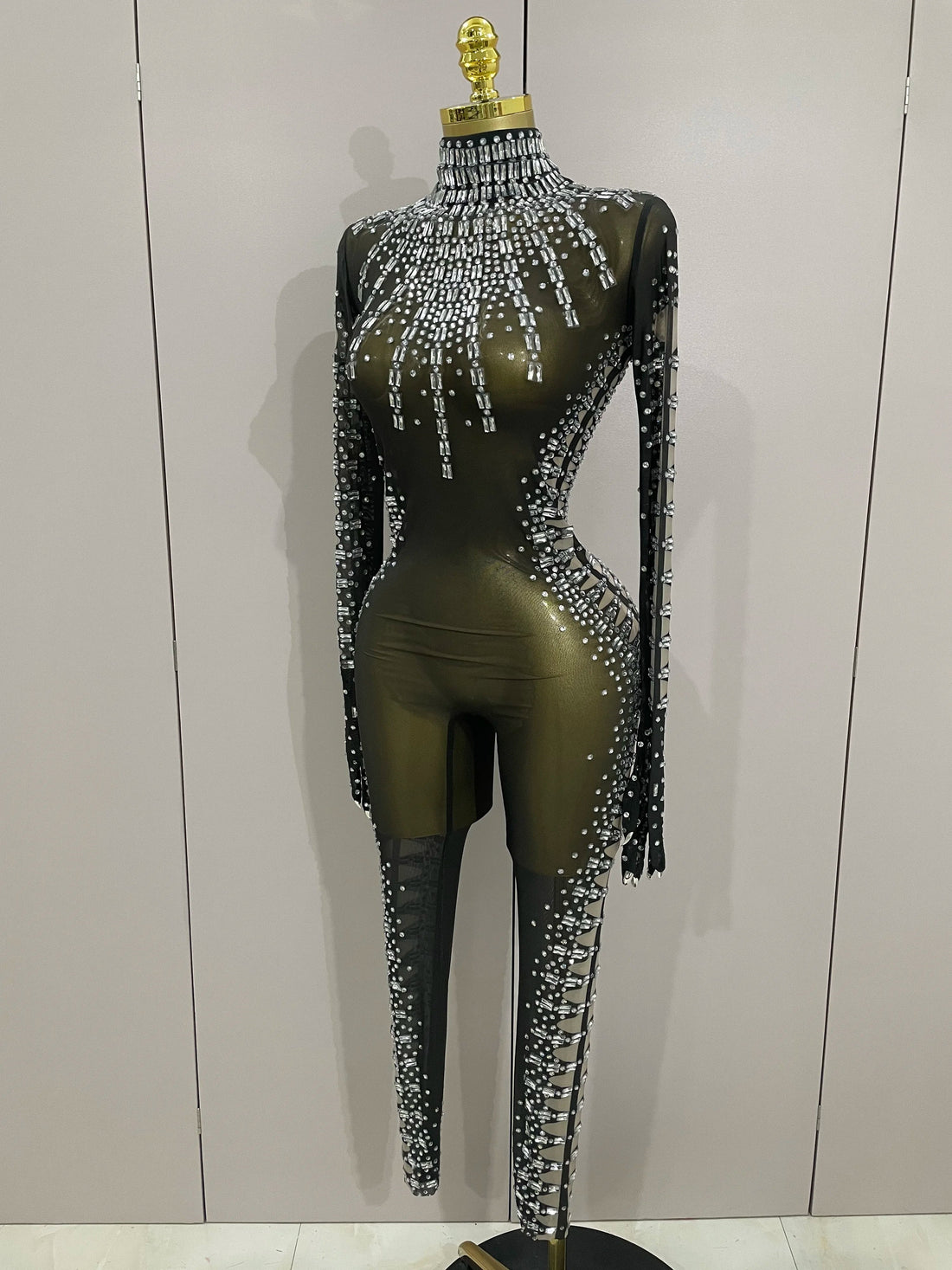 Sexy Sparkly Crystals Black Mesh Jumpsuit With Gloves  Women Celebrate Birthday Party NightClub Singer Dance Stage Costumes