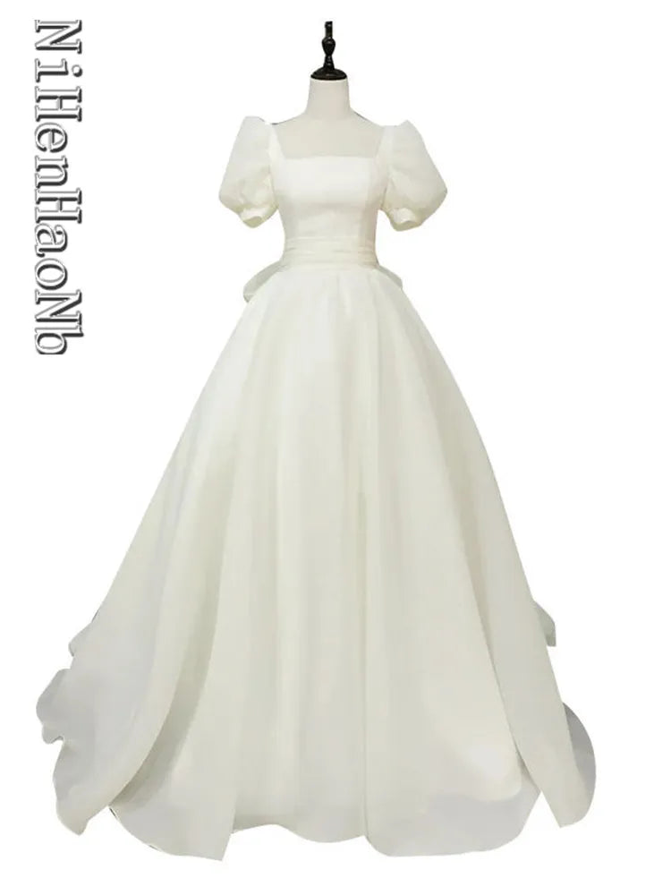 Korea Style Square Neck A-Line Puffy Sleeves Lace-Up Wedding Dress Gown Bridal Dress