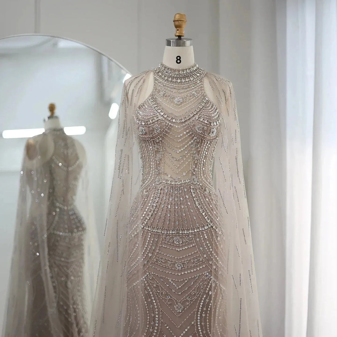 Luxury Dubai Caramel Mermaid Evening Dresses with Cape Sleeves Elegant High Neck Wedding Formal Party Gowns Evening Dress